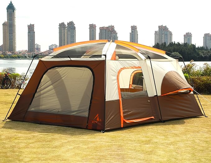 KTT Extra Large Tent 10-12-14 Person(Style-B),Family Cabin Tents,2 Rooms,3 Doors and 3 Windows with Mesh,Straight Wall,Waterproof,Double Layer,Big Tent for Outdoor,Picnic,Camping,Family Gathering