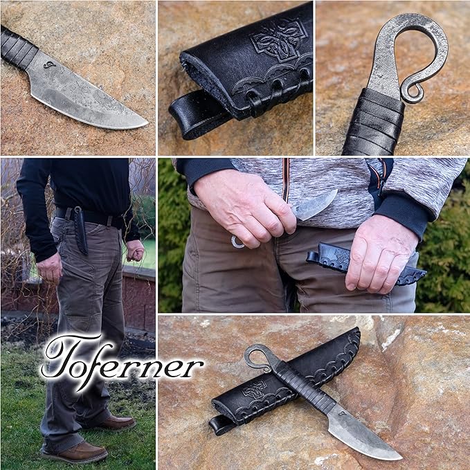 Toferner Hand Forged Knife Volute with Sheath, Vintage Knife for Antique Collection, Genuine Leather Case, Hardened Blade, Hand Made Craft, Gift Idea for Men (Black)
