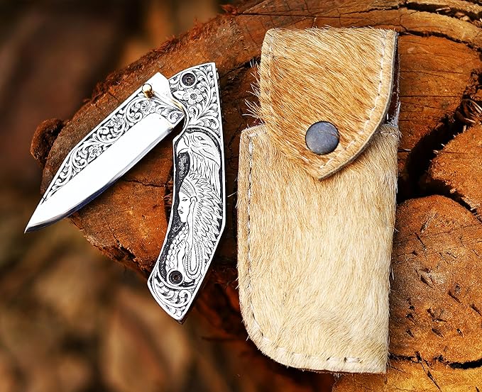 FOL-3153 Premium Hand Engraved Folding Pocket Knife Durable D2 Steel Hunting Knife