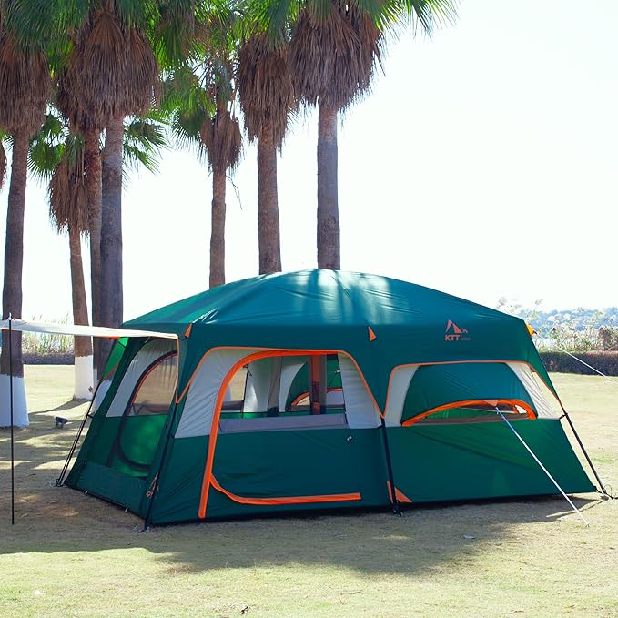 KTT Extra Large Tent 10-12-14 Person(B),Family Cabin Tents,2 Rooms,3 Doors and 3 Windows with Mesh,Straight Wall,Waterproof,Double Layer,Big Tent for Outdoor,Picnic,Camping,Family Gathering