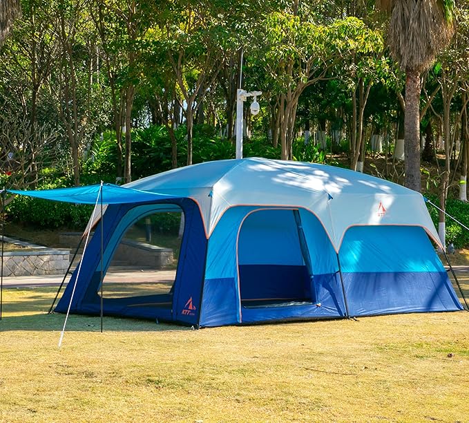 KTT Extra Large Tent 10-12-14 Person(B),Family Cabin Tents,2 Rooms,3 Doors and 3 Windows with Mesh,Straight Wall,Waterproof,Double Layer,Big Tent for Outdoor,Picnic,Camping,Family Gathering