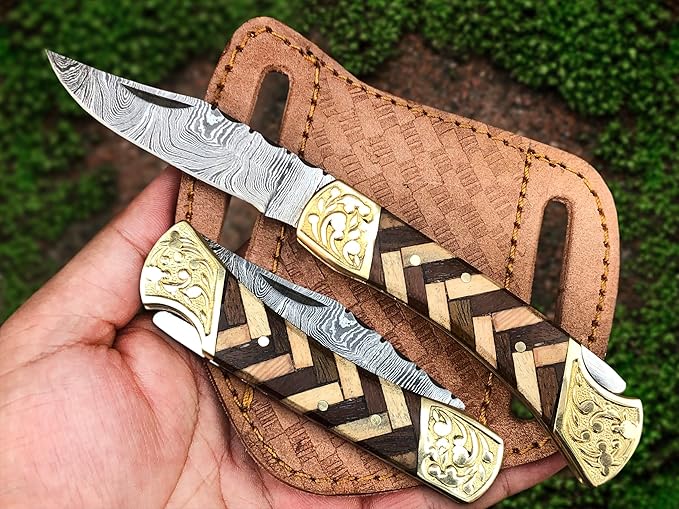 Handmade Damascus Pocket Knife with Sheath, 7" Folding Hunting Knife with Wood Handle, Small Camping Knife for Outdoor