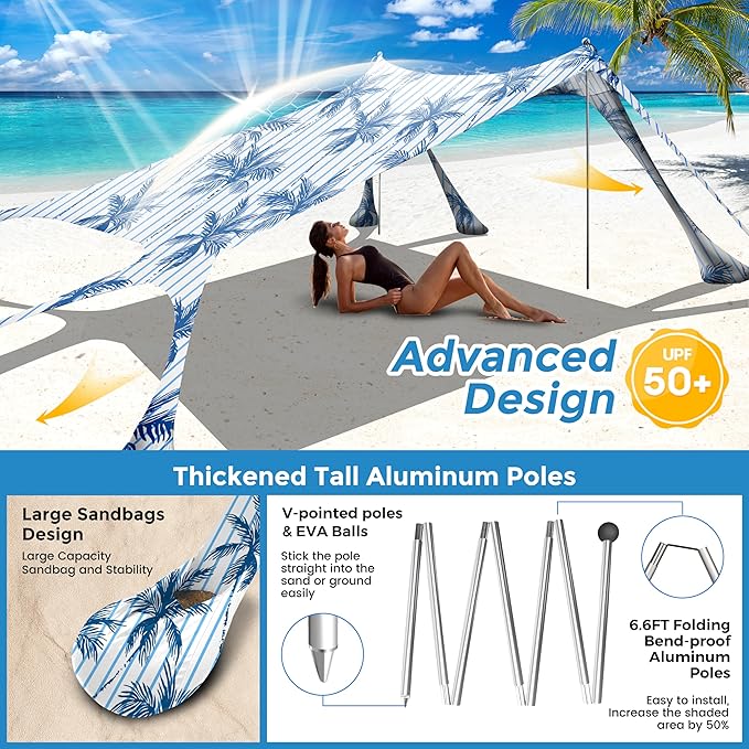 Beach Canopy Beach Tent Pop Up Shade 10x10ft Sun Shelter UPF50+ with 8 Sandbags-2 Sand Shovel-4 Aluminum Poles-Ground Pegs-Portable Carrying Bag for Outdoor Family Camping Fishing Yard Picnic