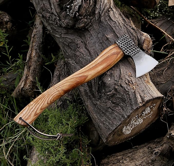 HotSteel Carving Axe Hand Forged Camping Axe with Sheath - Bushcraft Hatchet Camping Small Axe with Wood Handle - Bearded Wooden Axe Survival Hatchet Axe for Chopping Wood and Gardening