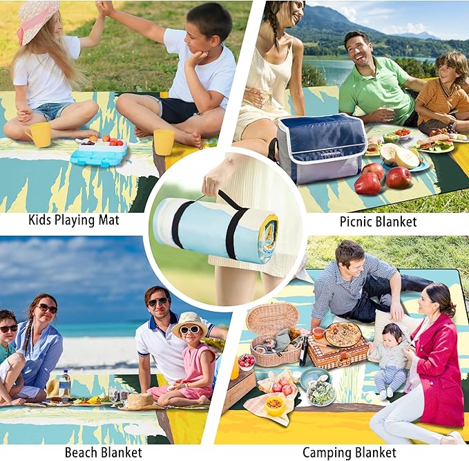 Picnic Blankets Beach Blanket 80" X 60" Extra Large Waterproof Camping Blankets Portable Outdoor Mat 3-Layer blanket for Beach, Hiking, Park, Music Festival, Grass Lawn,Travel