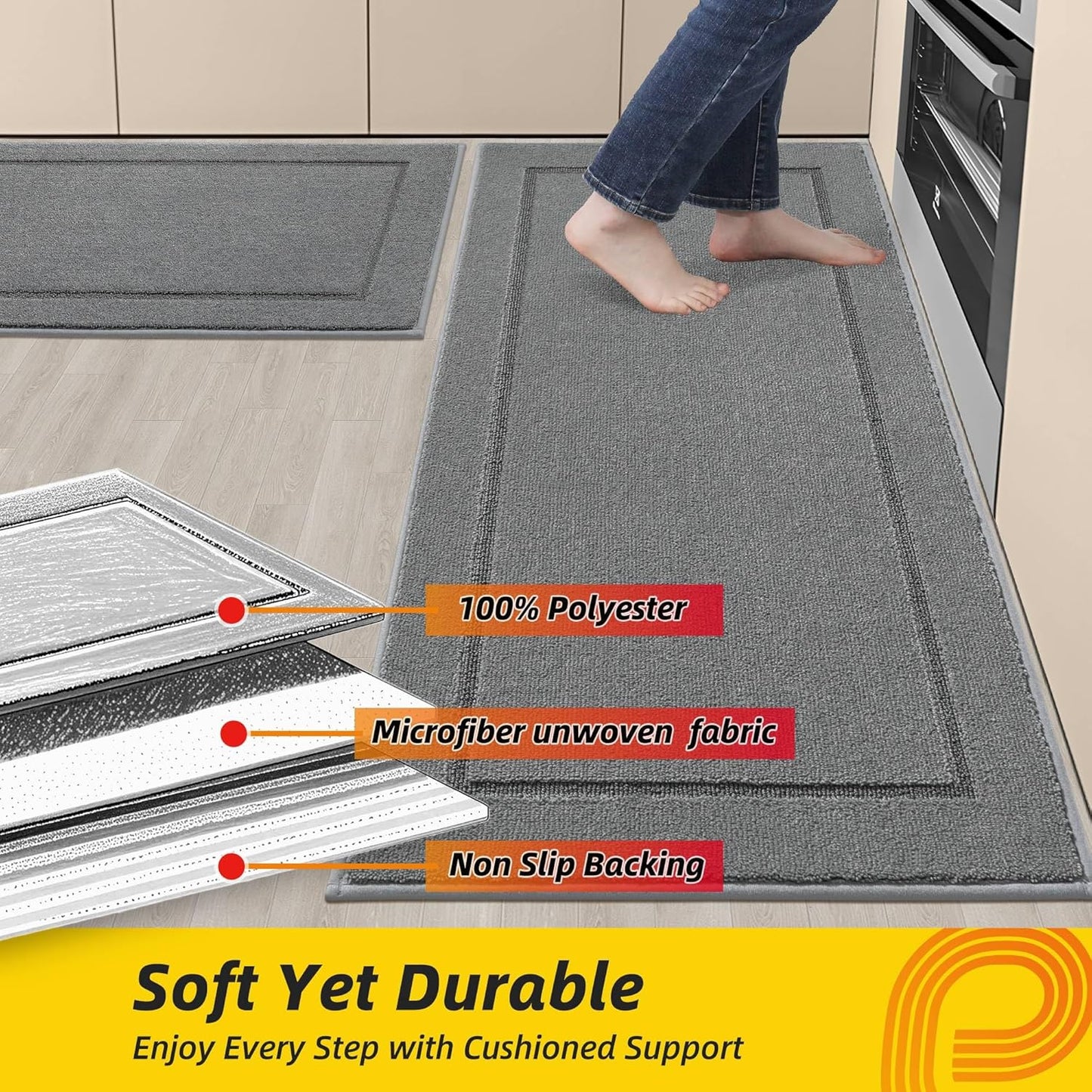 JSEI Non-Slip Kitchen Mats, Self Adhesive No Sliding Kitchen Rugs Set of 2, Washable Absorbent Floor Mat for Kitchen, Bathroom, Laundry Room, Bedroom, 24”x36”+24”x60”, Light Grey, Rectangular Pattern