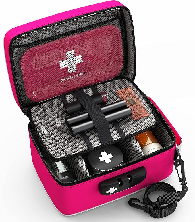 GREEN CROSS Medicine Bag with Combination Lock 8.5" x 5.5" x 4.5"(Pink Nylon)