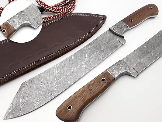 Nooraki MK-54 Custom Handmade Damascus Fixed Blade Machete Knife, Multi Use Axe Machete Knife, Camping Knife, Hunting Knife, Bushcraft Knife, Walnut Wood Full Tang Handle 15 inches with Sheath