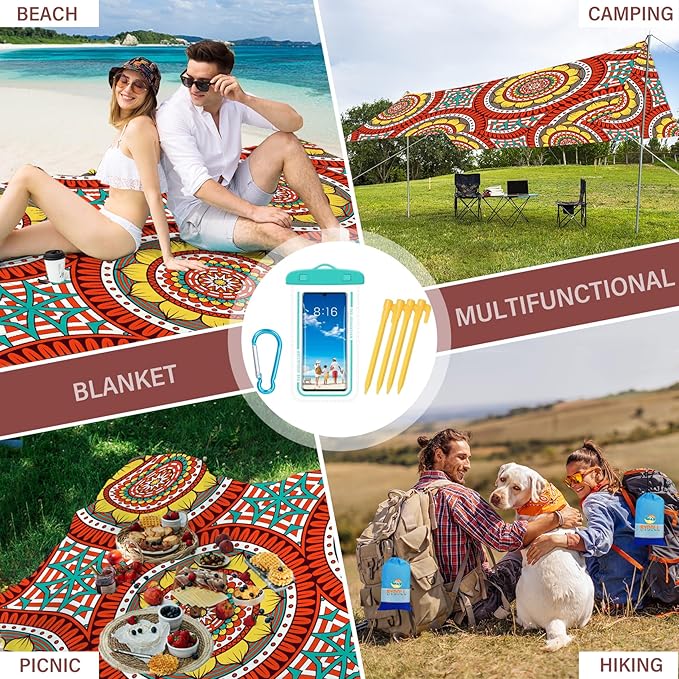 BYDOLL Beach Blanket Mandala Sandproof Waterproof 78''×110''1-7 Adults Compact Lightweight Oversized Beach Blanket Large Picnic Mat Blanket for Travel Camping Hiking Picnic