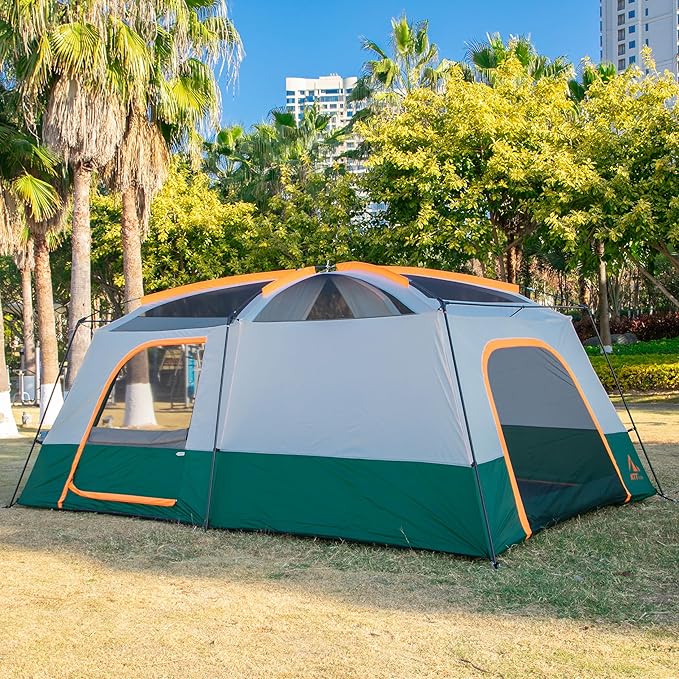 KTT Extra Large Tent 10-12-14 Person(Style-B),Family Cabin Tents,2 Rooms,3 Doors and 3 Windows with Mesh,Straight Wall,Waterproof,Double Layer,Big Tent for Outdoor,Picnic,Camping,Family Gathering