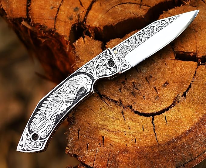 FOL-3153 Premium Hand Engraved Folding Pocket Knife Durable D2 Steel Hunting Knife