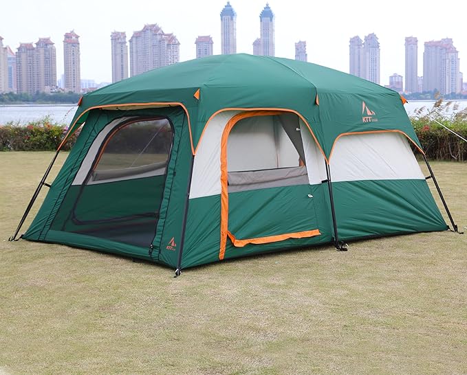 KTT Extra Large Tent 10-12-14 Person(Style-B),Family Cabin Tents,2 Rooms,3 Doors and 3 Windows with Mesh,Straight Wall,Waterproof,Double Layer,Big Tent for Outdoor,Picnic,Camping,Family Gathering