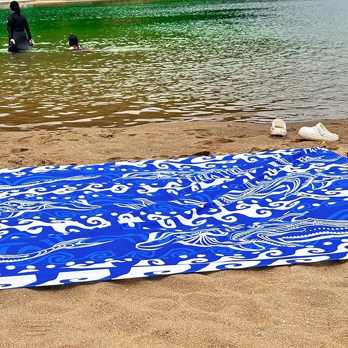 Beach Blanket Waterproof Sandproof 79"x 83" for 1-4 Adults,Quick Drying Beach Mat,Lightweight & Durable,Beach Essentials for Family Beach Camping Travel Picnic(Blue Dolphin)