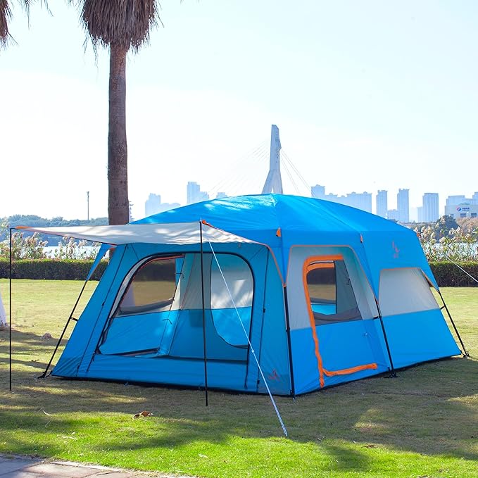 KTT Extra Large Tent 10-12-14 Person(Style-B),Family Cabin Tents,2 Rooms,3 Doors and 3 Windows with Mesh,Straight Wall,Waterproof,Double Layer,Big Tent for Outdoor,Picnic,Camping,Family Gathering