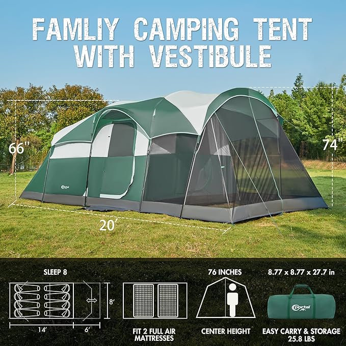 PORTAL 6/8/10 Person Family Camping Tent with Screen Room, Water Resistant Big Tunnel Tent with Rainfly, Large Family Tent for Outdoor Camping, Party