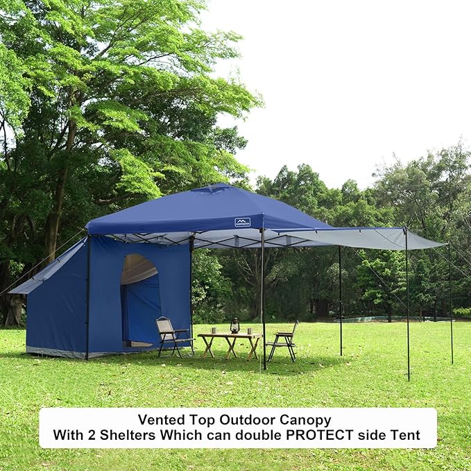 KAMPKEEPER 10x10 pop up Canopy Tent with 2 sidewalls Silver-Coated,Outdoor Canopy Tent for Parties with 2 Shelters,with 4 Poles, 4 Sandbags,8 Ropes,12 Stakes,and 1 Roller Bags