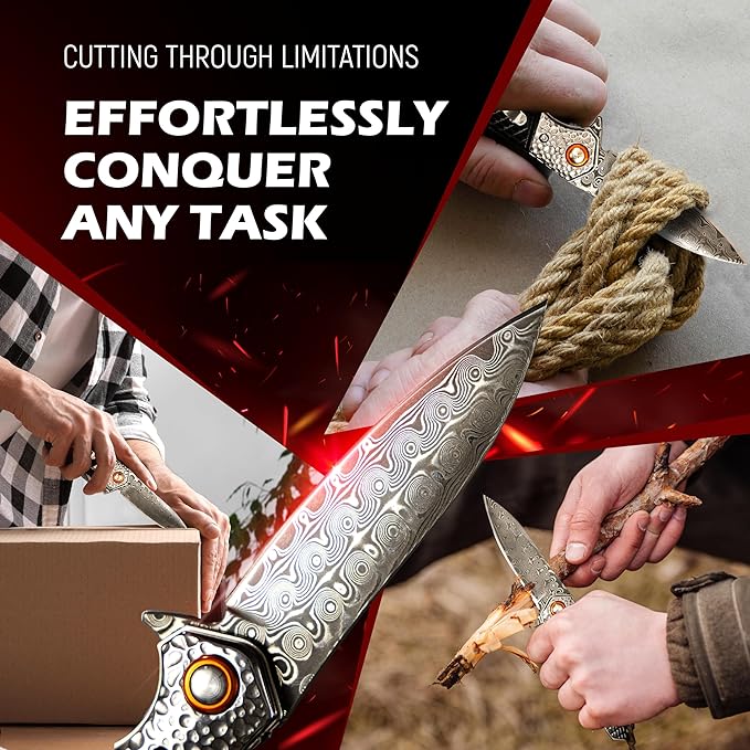 Mini Katana Premium & Unique Damascus Pocket Knife - Unmatched Sharpness 67-layer VG10 Steel & Durability with Clip Leather Sheath - Ideal for Everyday Use & Hunting