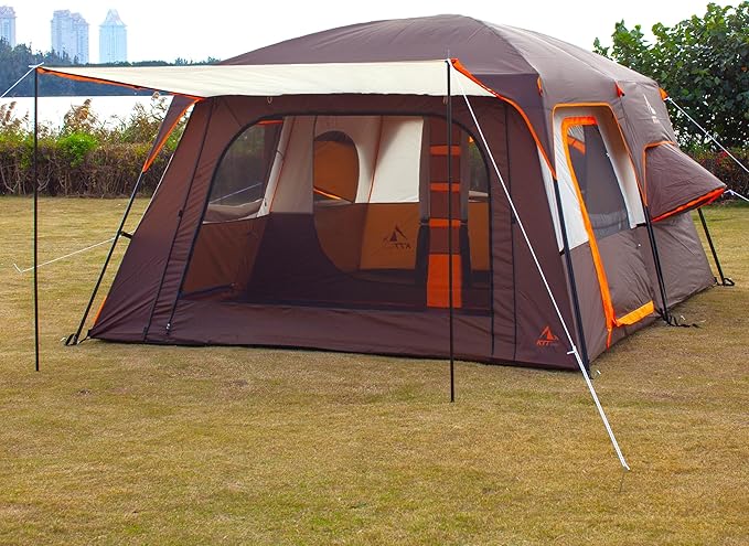 KTT Extra Large Tent 10-12-14 Person(Style-B),Family Cabin Tents,2 Rooms,3 Doors and 3 Windows with Mesh,Straight Wall,Waterproof,Double Layer,Big Tent for Outdoor,Picnic,Camping,Family Gathering