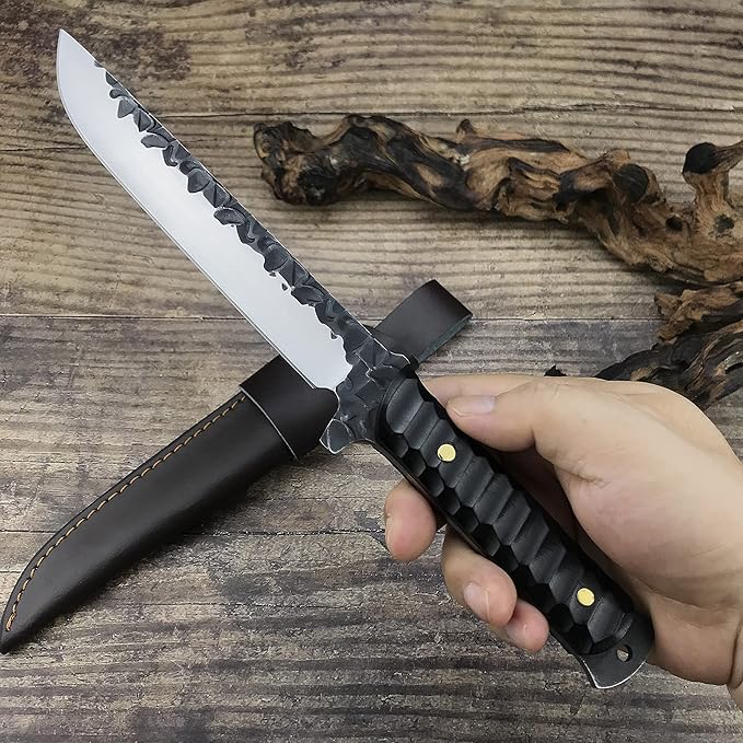 HUAAO 11.6’’ Fixed Blade Knife with Sheath, Japanese Knife with Ebony Handle, Katana Full Tang Knife for Hunting Camping Survival (Drop Point Blade)