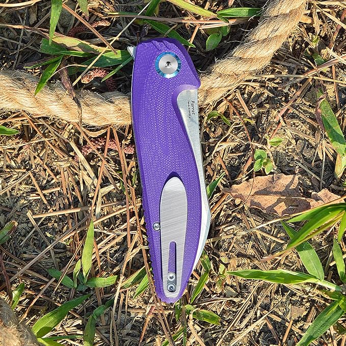 Parrot Folding Pocket Knife with Clip and Blade Lock, 8.4" EDC Folding Knife with Sweatproof G10 handle and 14C28N Stainless Blade (Purple)
