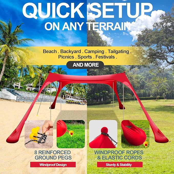 Buheco Beach Tent Pop Up Shade 7x7.5ft Beach Canopy Sun Shelter UPF50+ with 4 Foldable Poles-Portable Carrying Bag-Sand Shovel-Ground Pegs-Windproof Ropes for Outdoor Family Camping-Fishing- Picnic