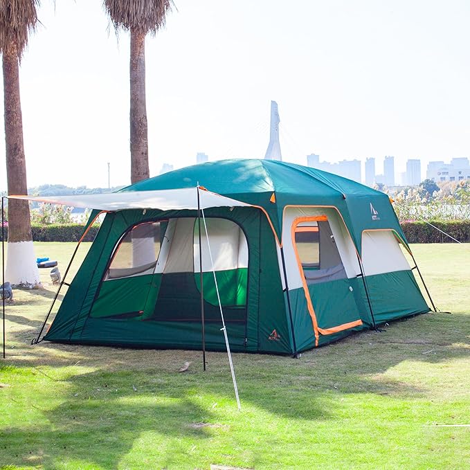 KTT Extra Large Tent 10-12-14 Person(Style-B),Family Cabin Tents,2 Rooms,3 Doors and 3 Windows with Mesh,Straight Wall,Waterproof,Double Layer,Big Tent for Outdoor,Picnic,Camping,Family Gathering