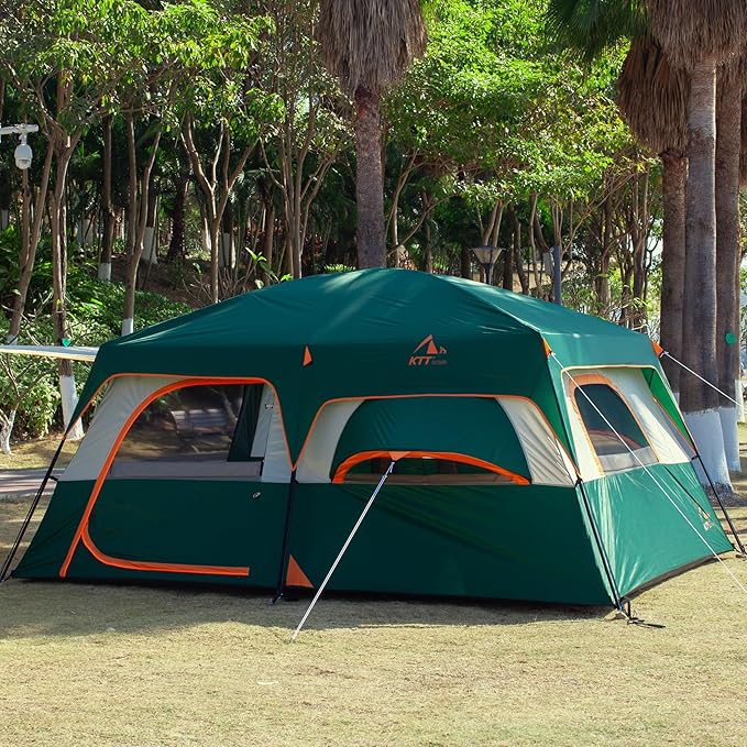 KTT Extra Large Tent 10-12-14 Person(B),Family Cabin Tents,2 Rooms,3 Doors and 3 Windows with Mesh,Straight Wall,Waterproof,Double Layer,Big Tent for Outdoor,Picnic,Camping,Family Gathering