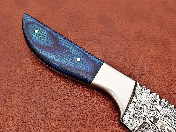 9.5" Walnut wood scale with steel bolster skinning Knife, full tang blade Rain drop pattern straight back hand forged Damascus steel, Cow Leather sheath (Brown) (Blue)