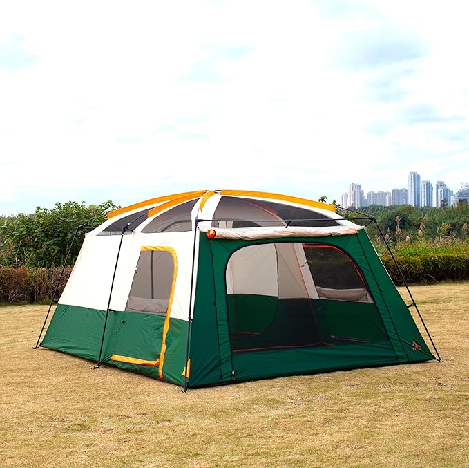 KTT Extra Large Tent 10-12-14 Person(A),Family Cabin Tents,2 Rooms,3 Doors and 3 Windows with Mesh,Straight Wall,Waterproof,Double Layer,Big Tent for Outdoor,Picnic,Camping,Family Gathering