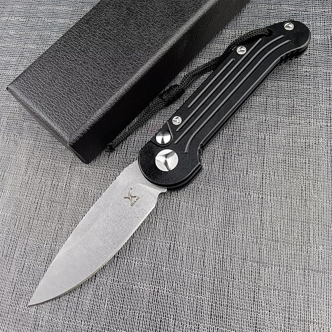 7.95 Inch Tactical Folding Knife, 8Cr13MoV Stonewashed Blade Black Aviation Aluminum Handle, Push Button Opening Outdoor Knife, SpeedSafe Assisted Survival Knife With Pocket Clip