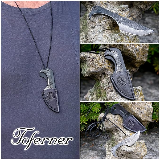 Toferner Hand Forged Knife Flamingo with Sheath, Vintage Knife for Antique Collection, Genuine Leather Case, Hardened Blade, Hand Made Craft, Gift Idea for Men (Black)