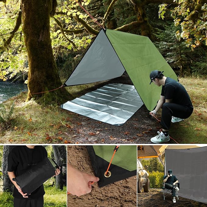 RedSwing Heavy Duty Survival Blanket, Waterproof Emergency Thermal Tarp, Multipurpose Reflective Insulated All Weather Blankets for Camping Hiking, Green,11.8 x 8.5 ft