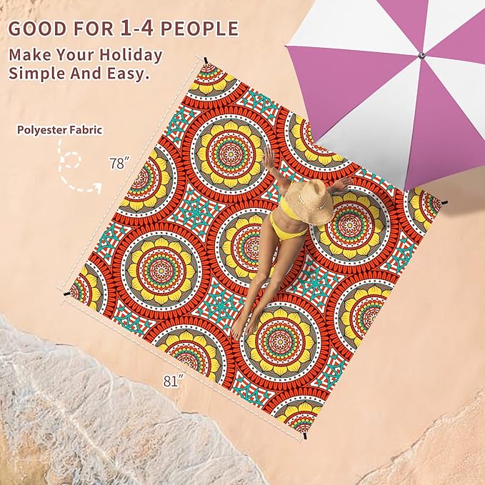 BYDOLL Beach Blanket Waterproof Sandproof 78''×81'' 1-4 Adults Waterproof Sandproof Oversized Lightweight Beach Blanket Large Picnic Mat Beach Blanket for Beach Travel Camping