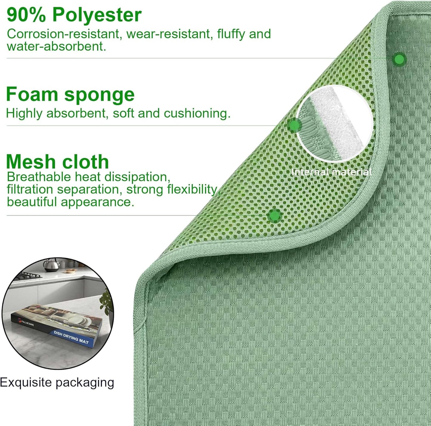 2 Packs Dish Drying Mats for Kitchen Counter, Drying Matt Kitchen Counter, Sage Green Kitchen Dish Drying Mat & Dish Dryer Mat for Drying Dishes, 20 x 15 inches (Green)