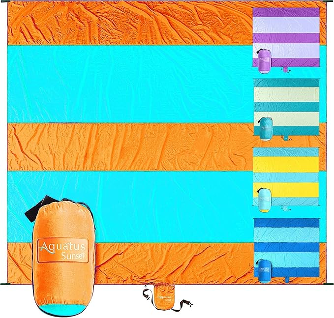 Premium XXL Beach Blanket Sandproof Water Resistant Quick Dry Mat 10ft by 9ft for 1-8 Adults with 4 Metal Stakes, 4 Corner Pockets, Secure Clip and Strap, and Attached Bag