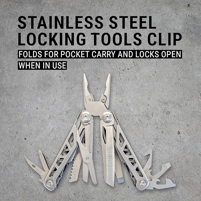 EPG Heavy Duty Multitool, Nylon Case and Screwdriver Bits, 18 Stainless Steel Locking Tools, EDC Gear with Pliers, Bottle Opener, Box Cutter and More, Fits in Pocket