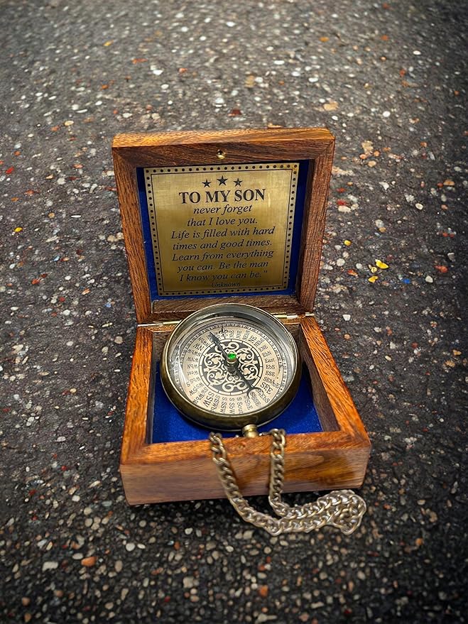 Handmade Brass Engraved Compass on Chain with Wooden Box, Vintage Style Nautical Compass with Intricate Engraving, 2.25 Inches in Diameter