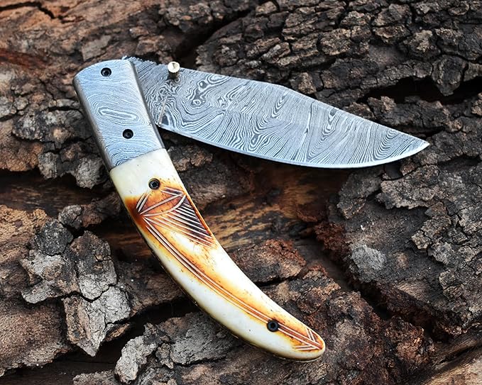 SHINY CRAFTS - Pocket Knives & Folding Knives Folding Knife Cool Pocket Knives - Utility Pocket Knives - Everyday Carry - PlainEdge - Leather Sheath (FK 17)