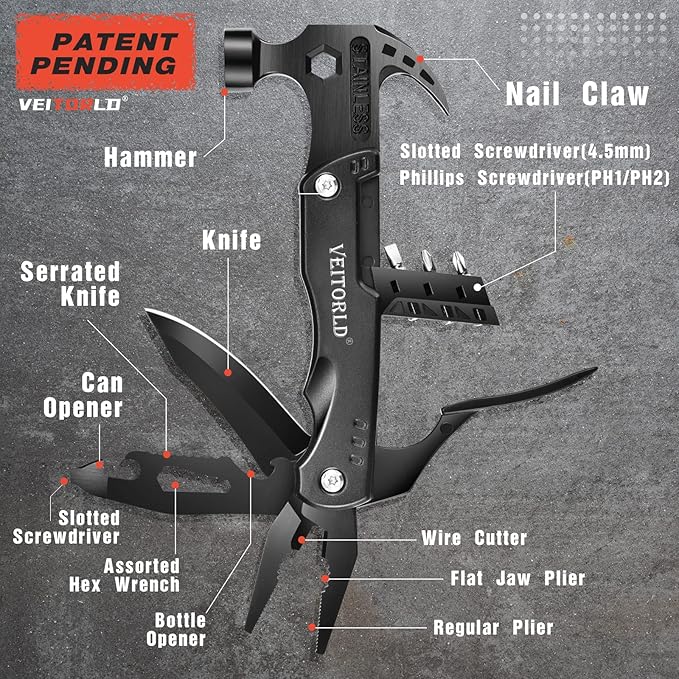 VEITORLD Gifts for Men Dad Him, Unique Anniversary Birthday Gifts Idea for Men Him Husband Boyfriend, All in One Tools Hammer Multitool, Camping Hunting Hiking Presents, Cool Gadgets
