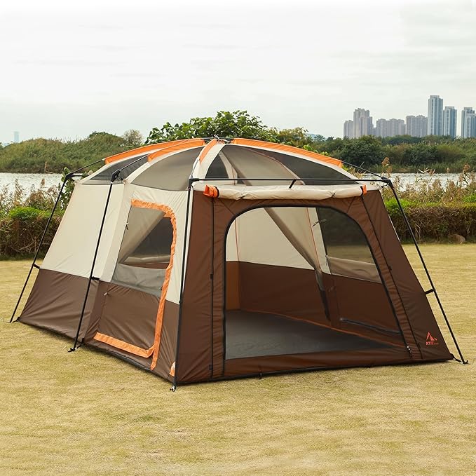 KTT Extra Large Tent 10-12-14 Person(Style-B),Family Cabin Tents,2 Rooms,3 Doors and 3 Windows with Mesh,Straight Wall,Waterproof,Double Layer,Big Tent for Outdoor,Picnic,Camping,Family Gathering