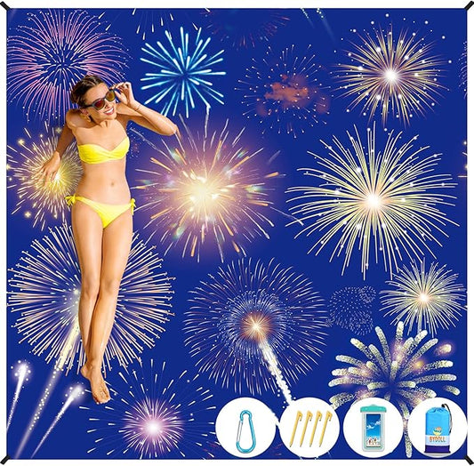 BYDOLL Beach Blanket Sandproof Waterproof Firework 78''×81''1-4 Adults Compact Lightweight Oversized Beach Blanket Large Picnic Mat Beach Blanket for Travel Camping Hiking Picnic