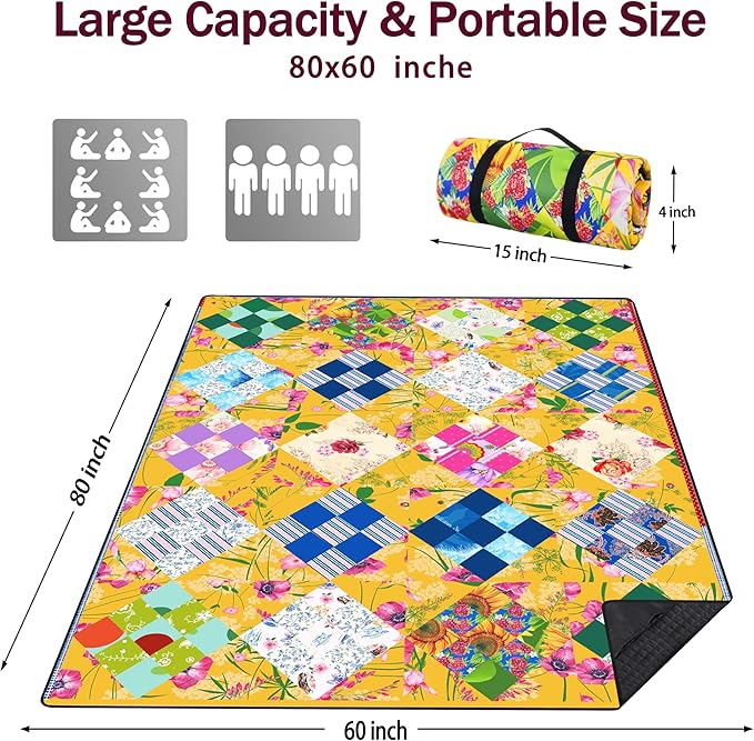 Picnic Blankets Beach Blanket 80" X 60" Extra Large Waterproof Camping Blankets Portable Outdoor Mat 3-Layer blanket for Beach, Hiking, Park, Music Festival, Grass Lawn,Travel