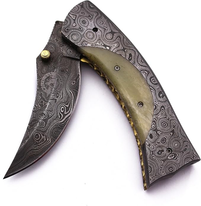 Handmade Damascus Folding Pocket Bowie Knife for Edc,Hunting,Survival,Camping,Bushcraft,Skinning and Fishing with Full Tang Bone Handel and CowHide-Leather Sheath For Men and Women (DCF30 - Ladder)