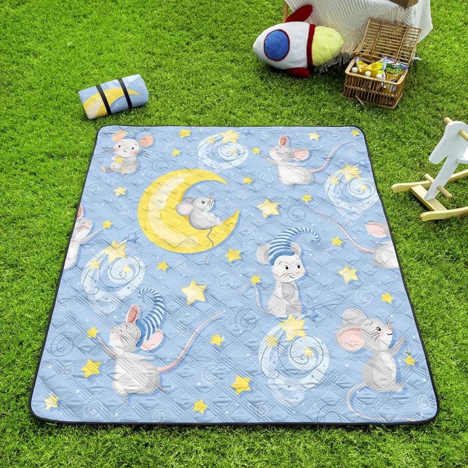 BSNTHO Cute Mouse Outdoor Picnic Blankets Sleeping Stars Waterproof Picnic Blankets 60x80 Inches Large Sandproof Beach Blanket Foldable Outdoor Blanket for Camping on Grass Picnic Mat