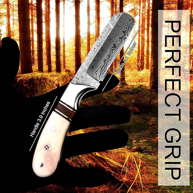 Handmade Damascus Steel Bull Cutter Knife with Pancake Leather Sheath, Fixed Blade Cowboy Knife with Bone/Walnut Handle, Utility Knife, EDC Hunting knife (Camel Bone)
