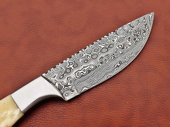 9.5" Walnut wood scale with steel bolster skinning Knife, full tang blade Rain drop pattern straight back hand forged Damascus steel, Cow Leather sheath (White)