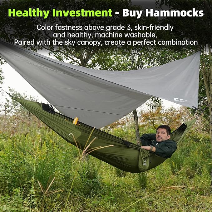 Camping Hammock with Mosquito Net and Rain Fly Tarp - 2 Person Hammock Tent, Portable Parachute Nylon Hammock for Outdoor, Hiking, Backpacking, Backyard, Beach, Travel (Hold Up to 500lbs)