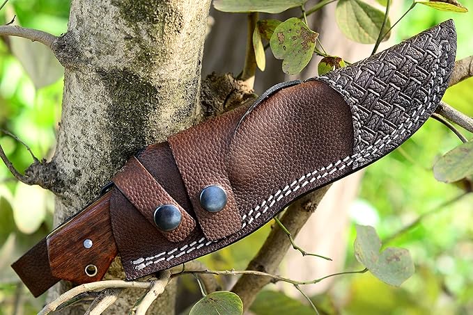 Horizontal Carry Knife, Handmade Full Tang Bushcraft Knife with Comfortable Grip, Hunting Knife with Leather Sheath, Stainless Steel Fixed Blade Knife for Men