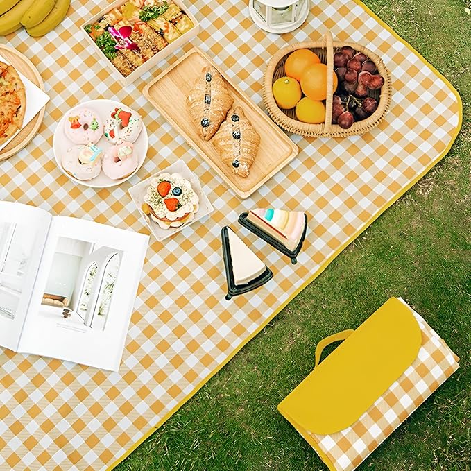 Picnic Blankets Waterproof Foldable Yellow Gingham Beach Mat Tote Handbag for Camping Travel Park (60x80 inch)