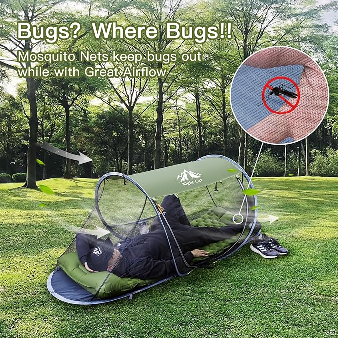 Night Cat Pop-up Mosquito Tent: 1 Person Camping Tent with Bug Screen Net Adults Kids Fits with Camping Cot (Exclueded)